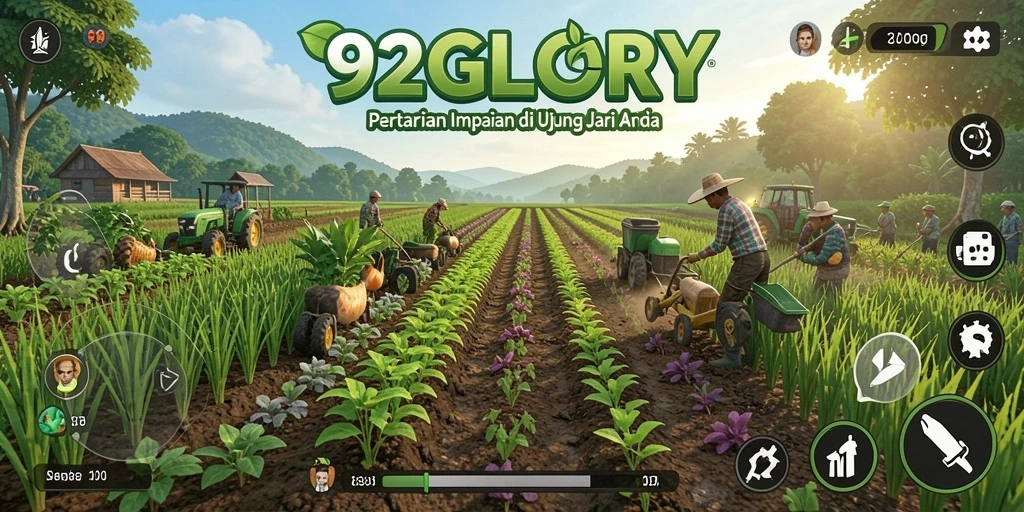 Tangkapan layar gameplay 92GLORY yang menampilkan ladang subur dan aktivitas pertanian.