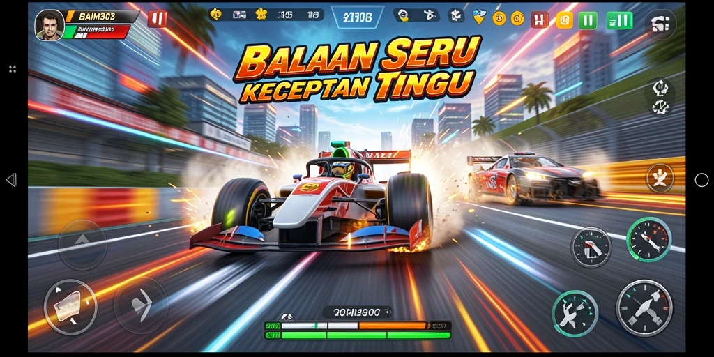 Tangkapan layar gameplay BAIM303 menampilkan aksi balapan mendebarkan.