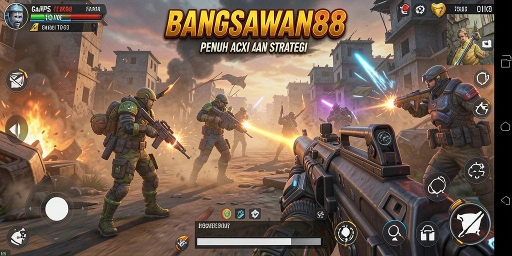 Screenshot gameplay BANGSAWAN88 menunjukkan aksi tempur intens di medan perang.