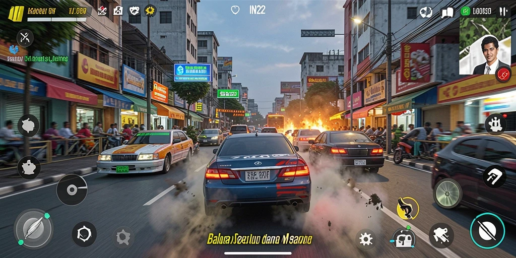 Tampilan gameplay seru di IN22 saat balapan di jalanan.