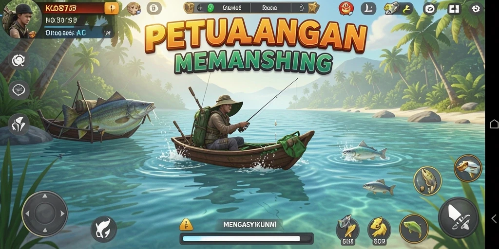 Screenshot gameplay KO857 menampilkan keseruan memancing di lokasi menawan.