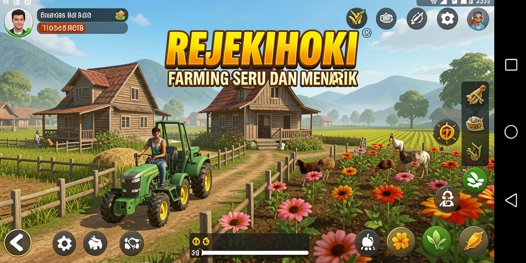 Tangkapan layar gameplay <strong>REJEKIHOKI</strong> menampilkan taman indah dengan berbagai tanaman.